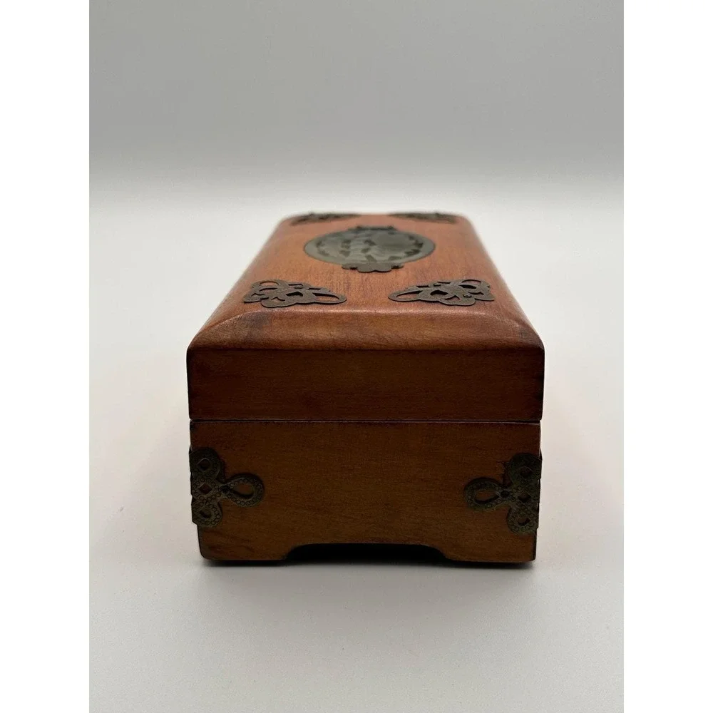 Vintage Wooden Jewelry Box Carved Stone Medallion  Keepsake Storage